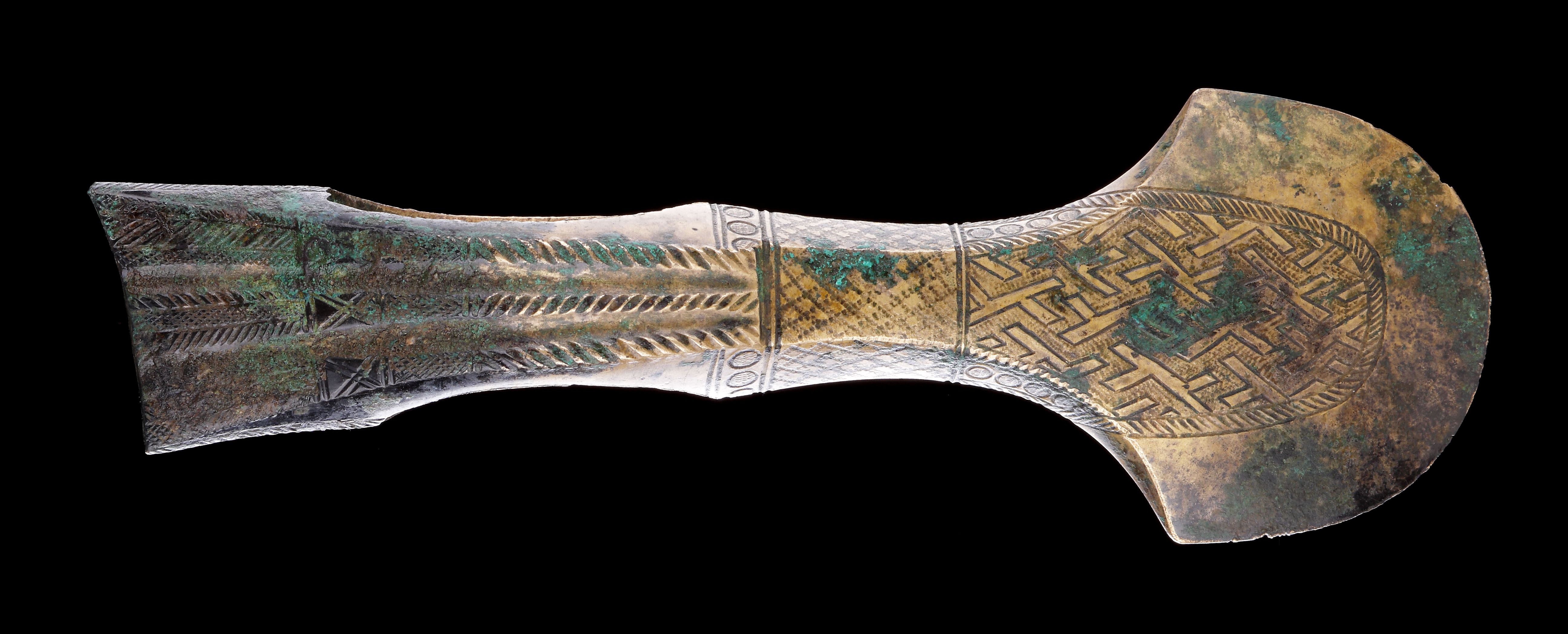 A Fine Ancient Near East Caucasian Bronze Age Koban Culture Finely Decorated Bronze Shaft-Hole Axe Head
